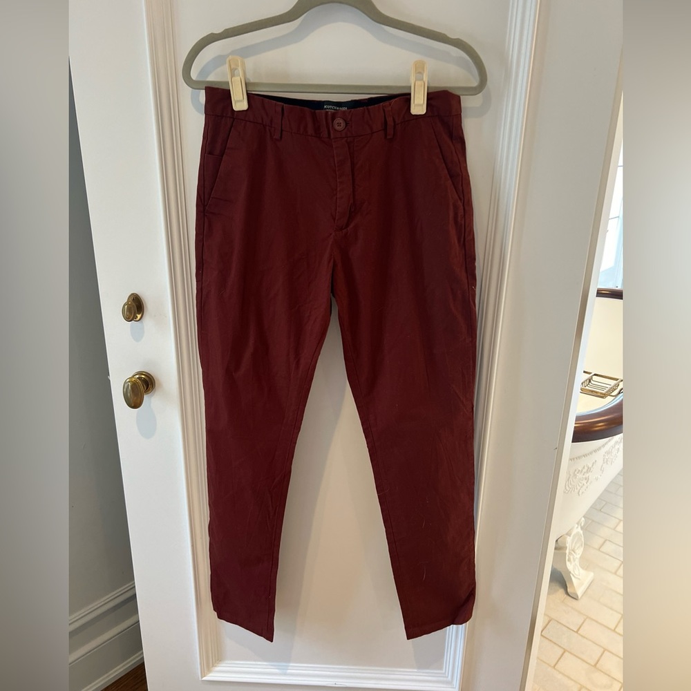 Scotch & Soda “Mott” flat front chinos in Burgundy red, 29x32
